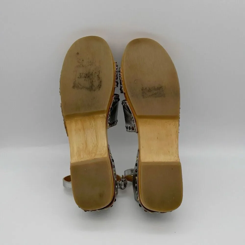 Free People Sandals 10 / 41 North Shore Clog Silver Leather Strappy Studded Wood